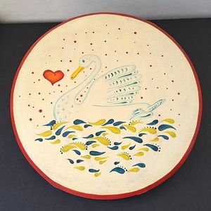 Vtg Rustic Farmhouse Folkart Wood Trivet Hand Painted Swan on Water 10" Round